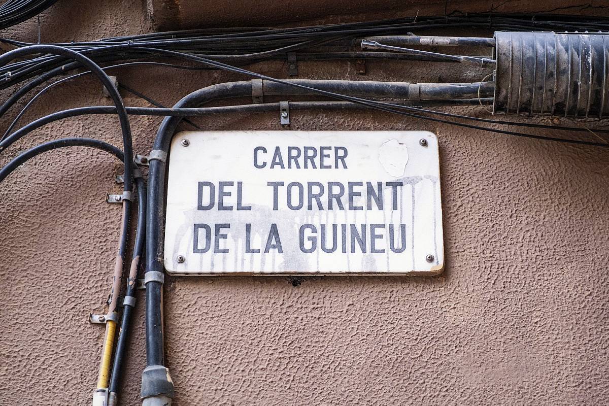 Placa amb el nom del carrer del Torrent de la Guineu instal·lada en una façana