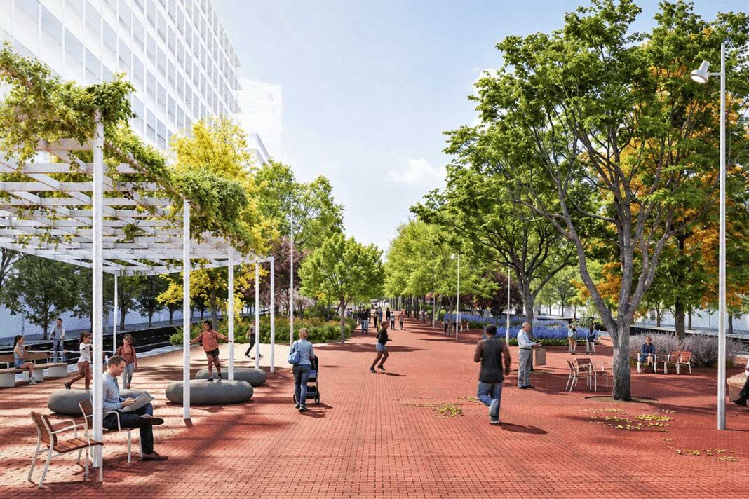 Render d’un espai urbanitzat amb arbrat, bancs, zones d’estada i edificis residencials al costat.