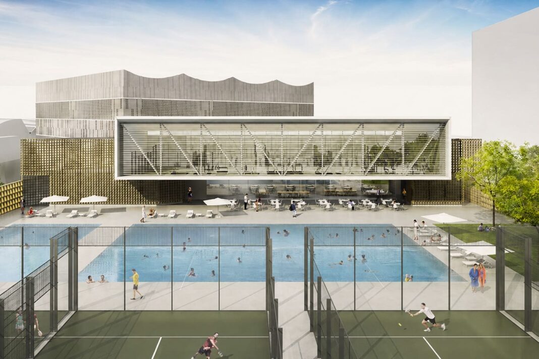 Recreació arquitectònica del CEM Sant Andreu-La Sagrera amb les piscines descobertes, el solàrium i les pistes de pàdel