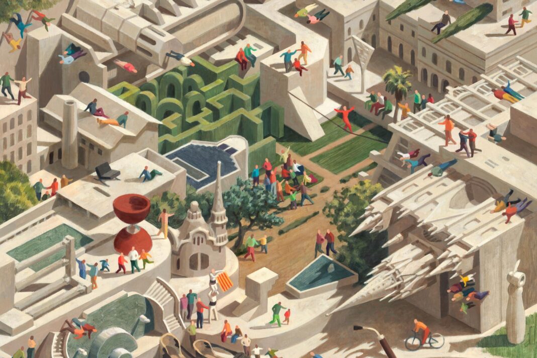 Il·lustració del cartell de la Mercè 2026 de Cinta Vidal, amb edificis de Barcelona en perspectives múltiples i persones repartid
