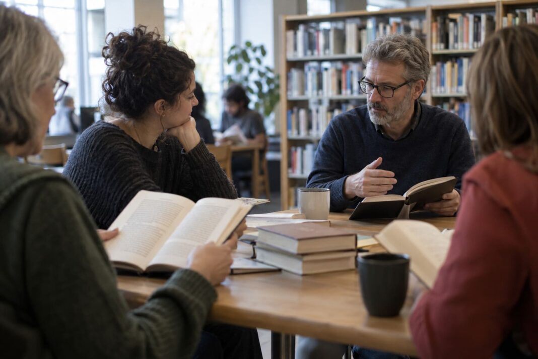 Grup de persones llegint i comentant llibres al voltant d’una taula en una biblioteca.