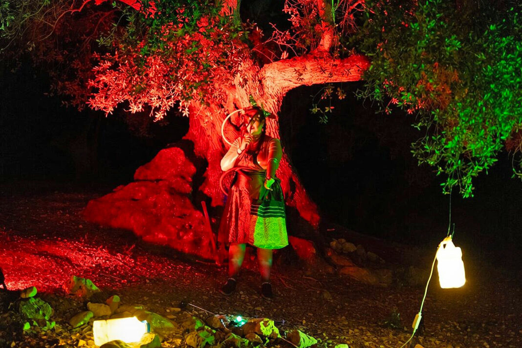 Performer davant d'un arbre il·luminat amb llums vermelles i verdes i garrafes lluminoses a terra en una escena nocturna.